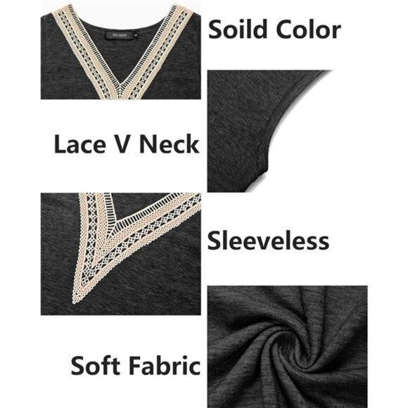 Women's Casual Cap Sleeve Lace Trim V Neck Tops 2025 Summer Loose Tee - Picture 6 of 7